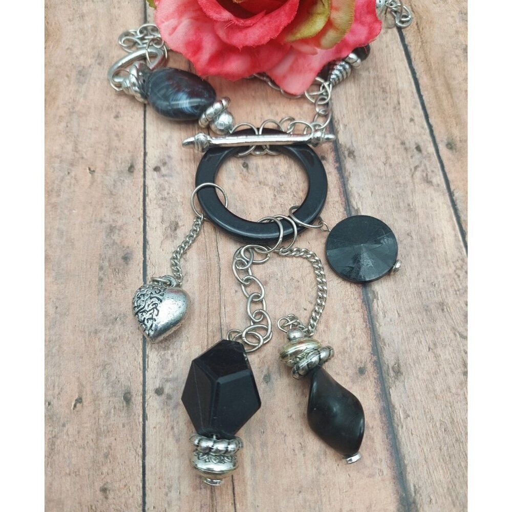 Black Silver Tone Station Statement Necklace Chain Front Toggle Tassel Pendants